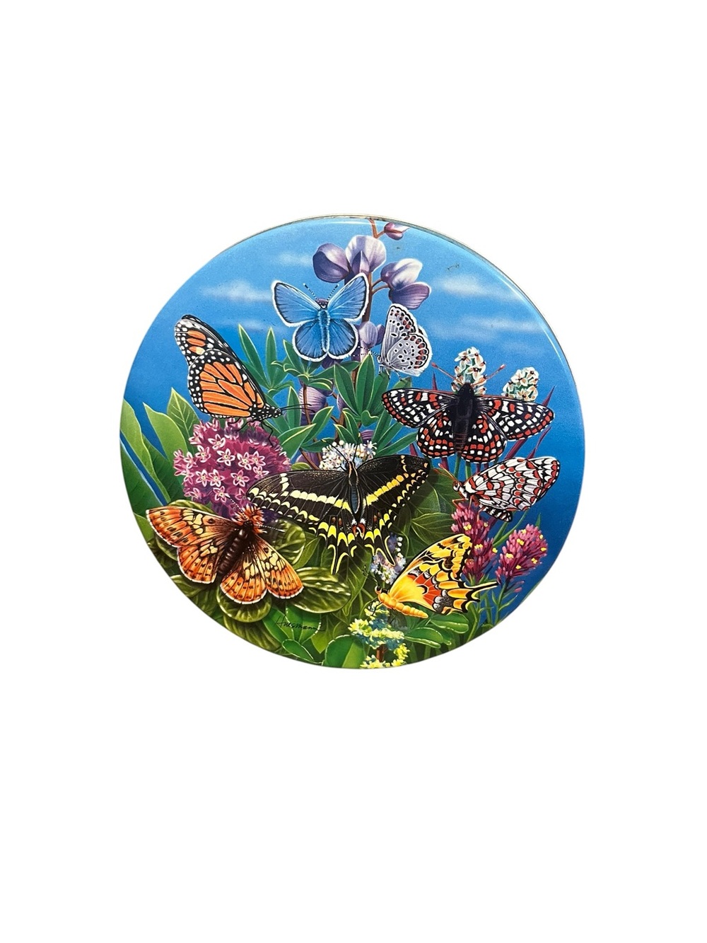 Butterfly Round Tin Collectible Home Decor Signed Huesmann